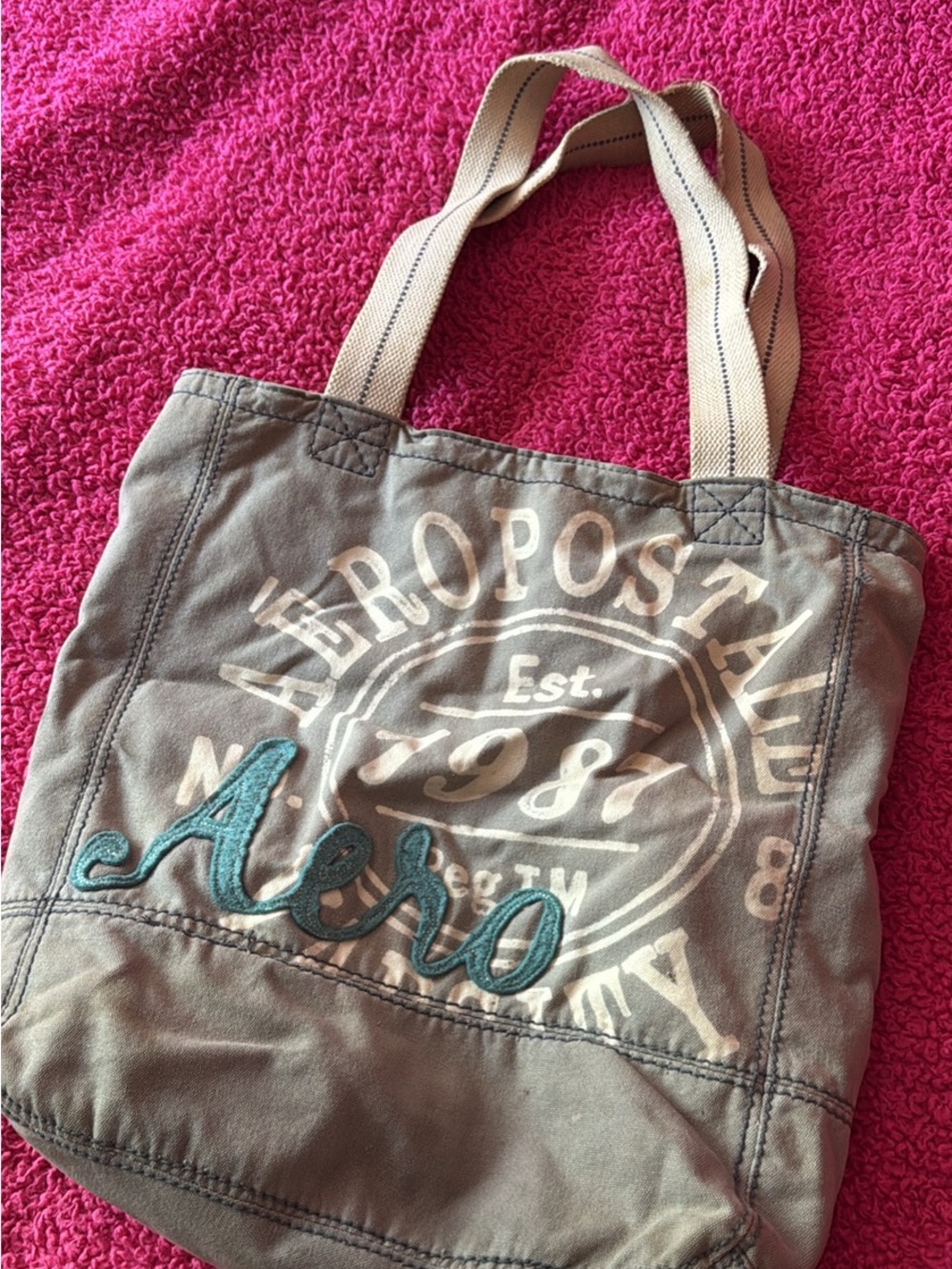 Aeropostale Olive Canvas Tote with Cream Straps and Teal Applique